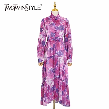 

TWOTWINSTYLE Print Hit Color Women's Dress Stand Collar Lantern Sleeve Lace Up Maxi Dresses Women 2020 Summer Fashion Clothes