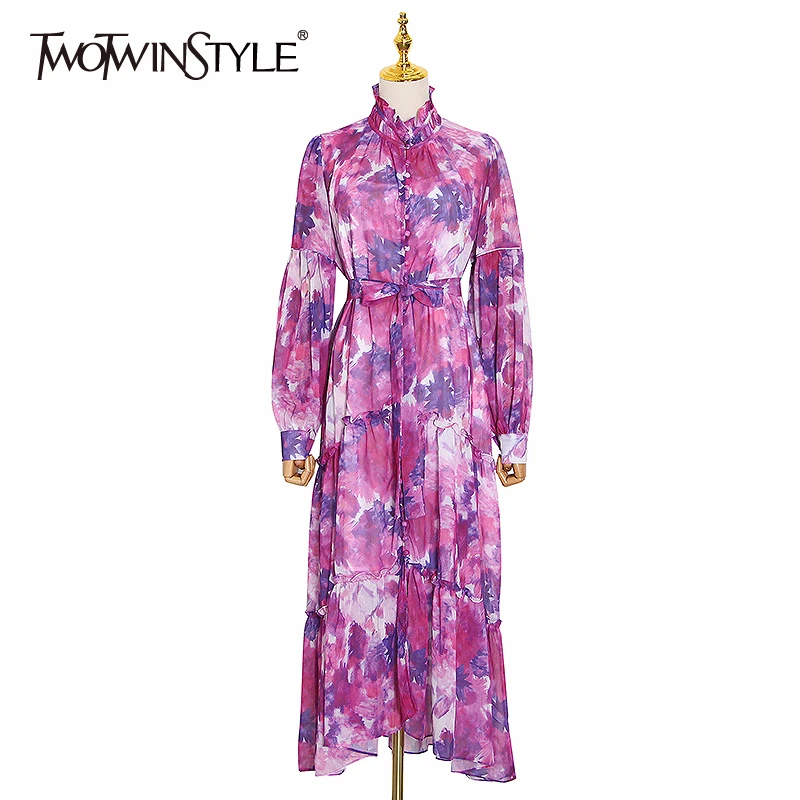 TWOTWINSTYLE Print Hit Color Women's Dress Stand Collar Lantern Sleeve Lace Up Maxi Dresses Women 2020 Summer Fashion Clothes TWOTWINSTYLE Print Hit Color Women's Dress Stand Collar Lantern Sleeve Lace Up Maxi Dresses Women 2020 Summer Fashion Clothes