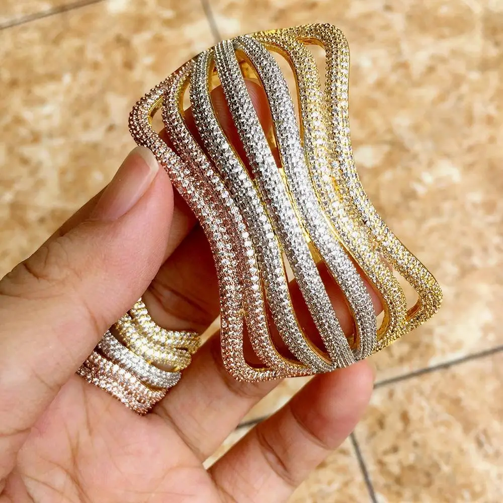 Newness Luxury Line Special Design Shiny Rhinestone Copper Rings Bangle Set Engagement Wide Large Bangles For Women Bijoux