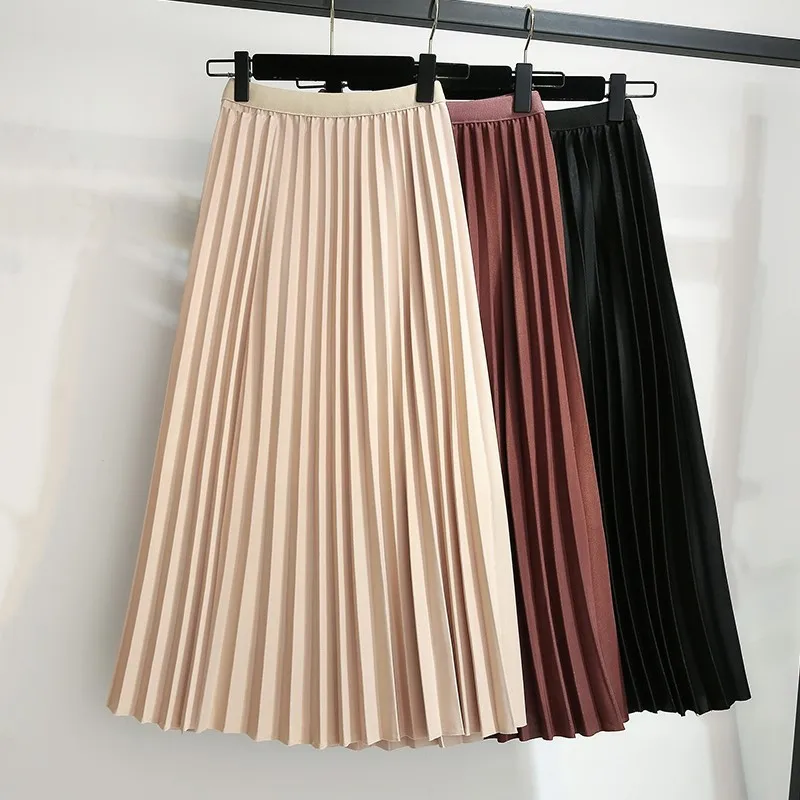 Осенняя Женская юбка, классическая юбка с высокой талией, тонкая Однотонная юбка с высокой талией, Ретро стиль, тонкая плиссированная юбка средней длины