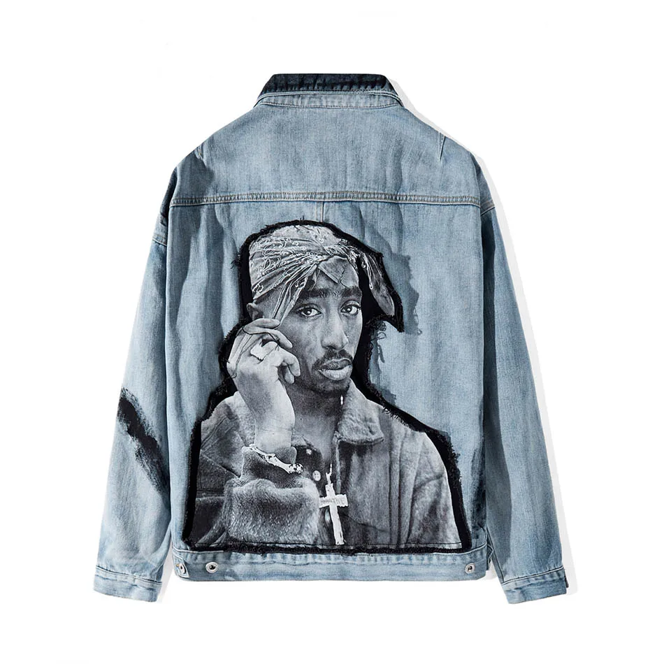 

Black Head Patchwork Hole Frayed Denim Jacket Male Hip Hop High Street Jeans Jackets Chaqueta Hombre Bomber Jacket