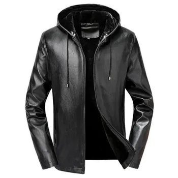 

PU Leather Motorcycle Jacket Men Hooded Padded Mid Long Faux Leather Jackets Male Business Casual Zipper Warm PU Coat DS8013