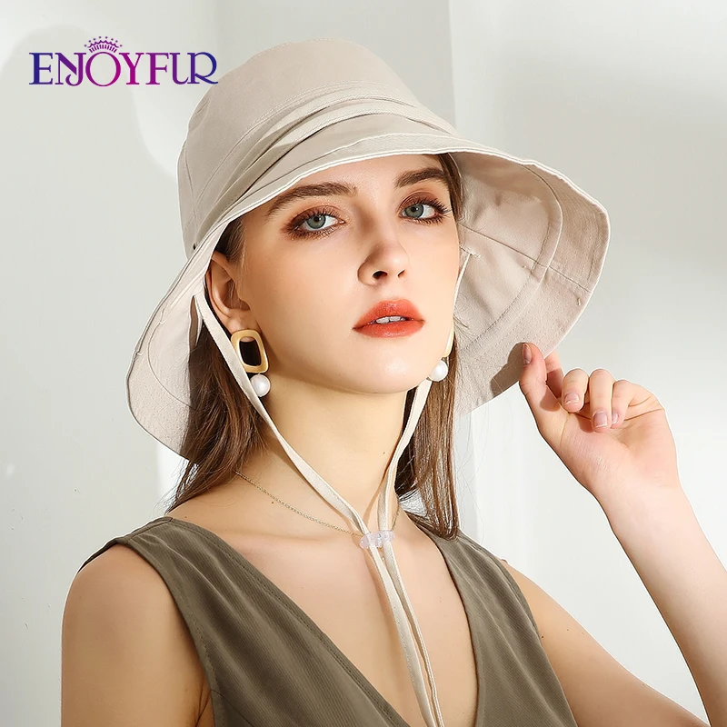 ENJOYFUR Women Cotton Summer Sun Hats Wide Brim Foldable Fashion Beach Hat Adjustable Lace-up UV Sun protection Female Cap New