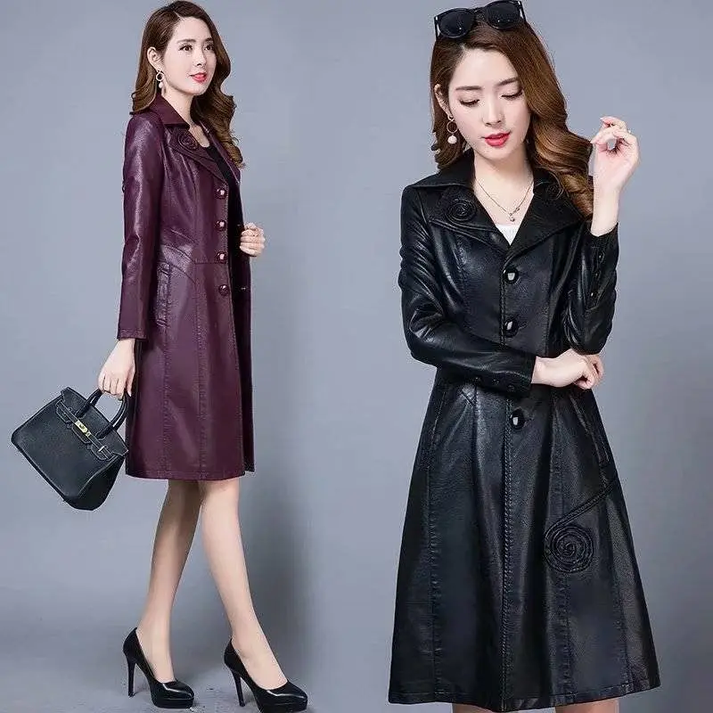 XL-8XL тонкая куртка из искусственной кожи женское длинное пальто новая корейская мода плюс размер осень тиснение кожаная ветровка Женская f1874