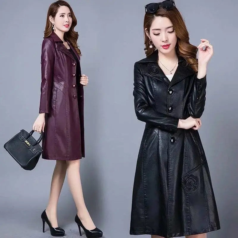 

XL-8XL Slim PU Leather Jacket Women Long Coat 2019 New Korean Fashion Plus Size Autumn Embossing Leather Windbreaker Women f1874
