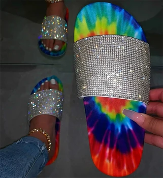

Summer 2020 Women Slippers Rhinestone Multi Mix Color Flat Heels Peep Toe Slides Fashion Beach Ladies Shoes Zapatos De Mujer