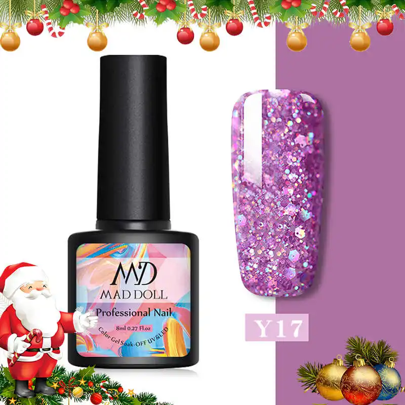 Y17 MAD DOLL 1 бутылка 8 мл Рождественский УФ-гель Рождественский лак блестки гель для ногтей голографический блеск впитываемый Гель-лак для нейл-арта лак - Цвет: Y17