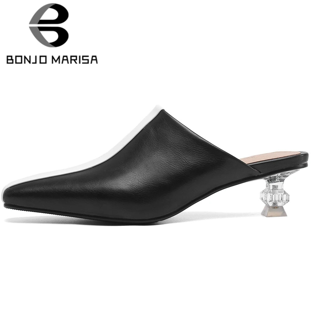 

BONJOMARISA 2020 Brand Trendy mixed-color Patchwork Mules Elegant Square Toe Summer Pumps Women Med Clear Heel Shoes Woman