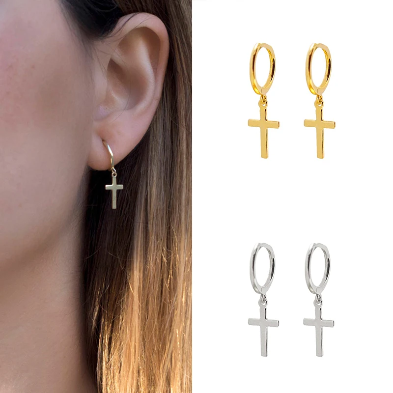 925 Sterling Silver Cross Star Pendant Earrings European and American Zircon Hoop Earring For Women Pendientes Brincos  Jewelry
