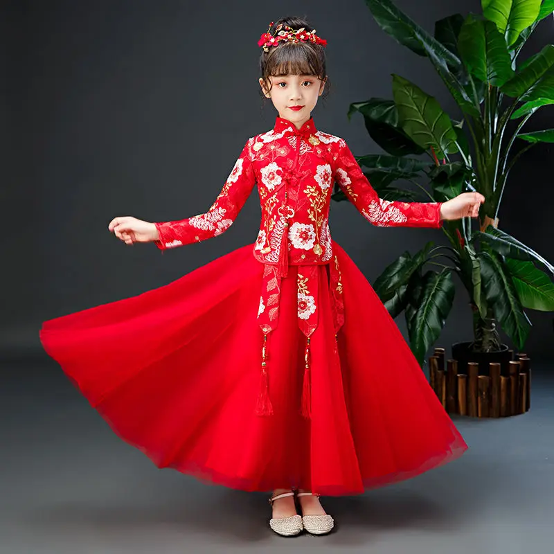 Hanfu/ г. Теплая одежда на год для девочек; китайский стиль; Детский костюм в стиле Тан; осенне-зимний бархатный костюм в древнем стиле