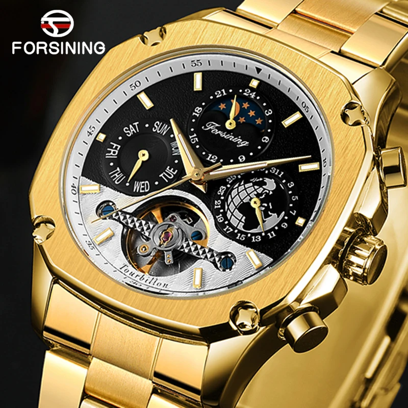 

Forsining Tourbillon Automatic Watch Mens Mechanical Watches Moonphase Date Self-Winding Male Steel Wristwatch Relogio Masculino