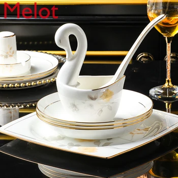 

Bowl set household simple northern European style golden border luxury bone china tableware set bowl in Jingdezhen