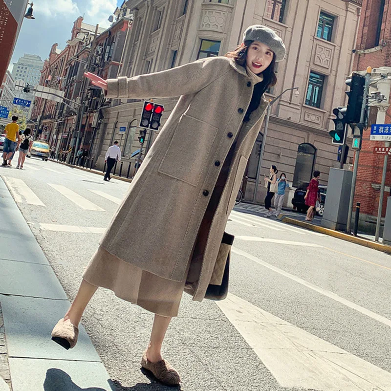 Women's Long Wool Blend Coat Outwear Thicken Warm Single Breasted Herringbone