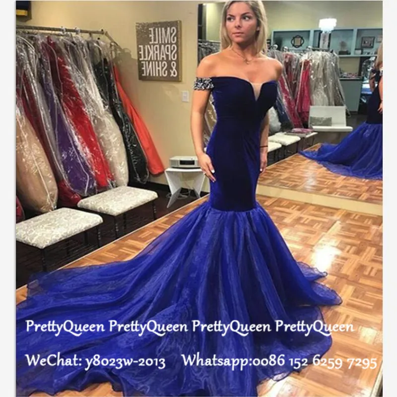 Королевский синий Русалка Выпускные платья с бисером с открытыми плечами vestido de festa длинные Часовня Поезд Формальное вечернее платье вечерние платья