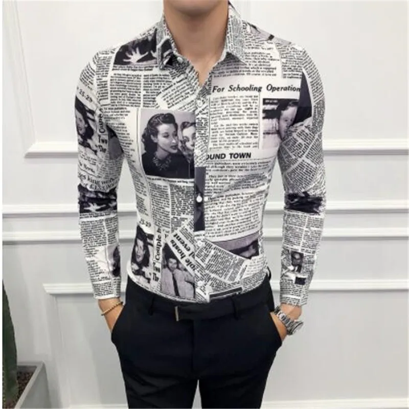 Дизайнерская рубашка с узором, рубашка для газет, Camisa Social Masculina, стильная рубашка для мужчин, вечерние, Клубные, уникальная рубашка, приталенная, 5xl