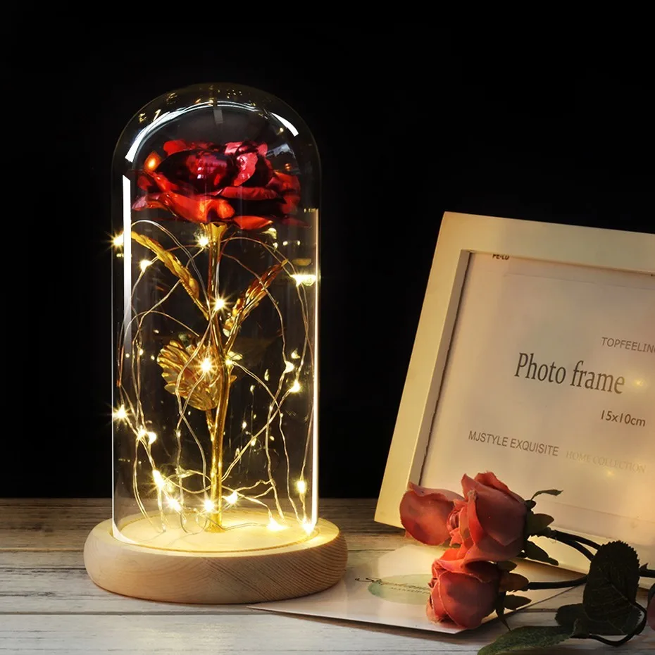 6 цветов Красота и чудовище красная роза в колбе стеклянный купол на деревянной основе на День Святого Валентина подарок светодиодный лампы с розами Рождество
