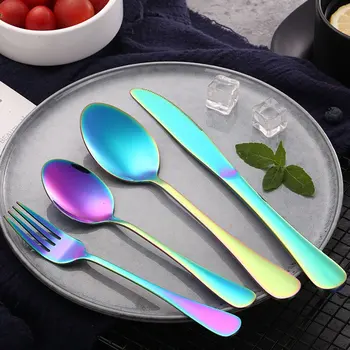 

4pcs Stainless Steel Colorful Cutlery Set Rainbow Dinner Set Travel Dinnerware Fork Knife For Wedding And Hotel