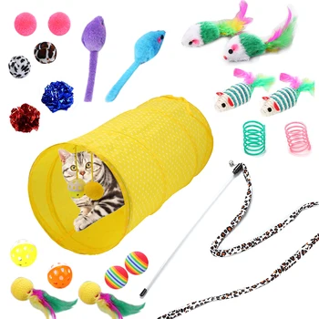 

Cat Toys Set Foldable Cat Tunnel Funny Play Cat Stick Ball Feather Toy Assorted Interactive Toys Mice Various For Cats Kitten