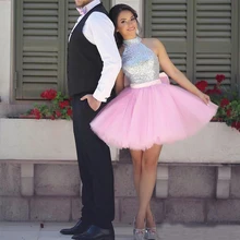 Дешевые сладко Розовые Короткие Выпускной Вечеринка платья Блестящий Серебряный блесток Тюль Лук Девушки Выпускной выпуск коктейлей платья