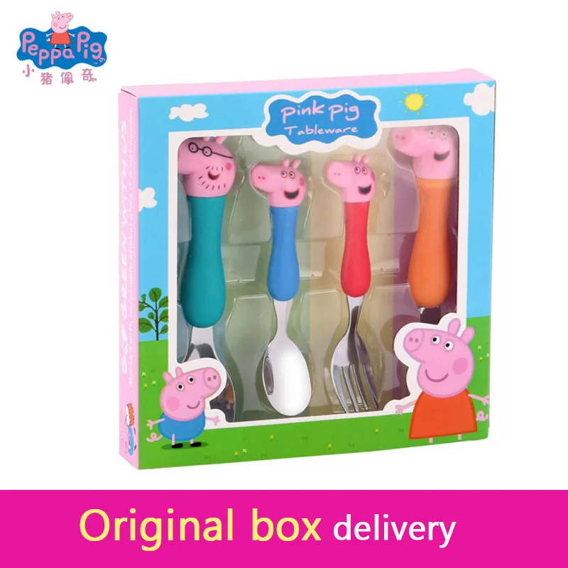 

New Peppa Pig Boxed 4 Piece Child Tableware Set Stainless Steel Material Cartoon Figure Model Toy Children Best Gift