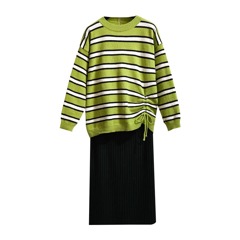 

new winter ladies loose striped sweater knitting skirt suit two-piece outfit top pullover knitwear clothing set casual plus siz