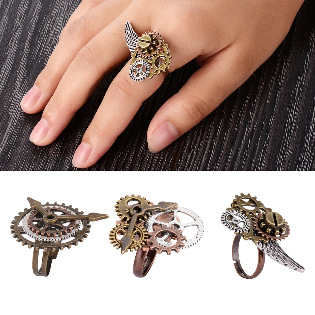 3 Pcs Women Men Vintage Steampunk Watch Part Gears Punk Antique Copper Adjustable Rings Fashion Jewelry