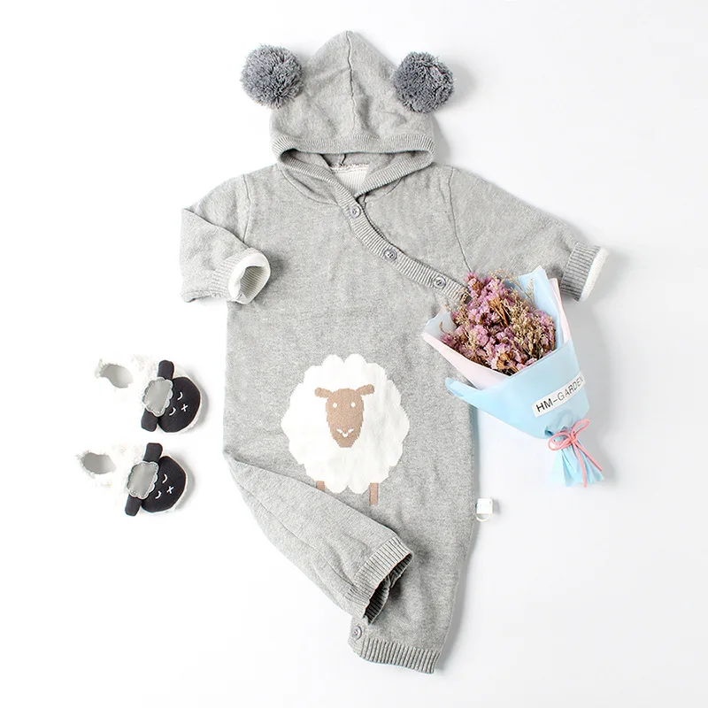 Ins/Одежда для новорожденных; свитер для малышей; вязаная зимняя одежда унисекс для малышей; комбинезон с капюшоном и рисунком; ползунки; одежда