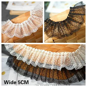 

5CM Wide White Black Tulle Fabric Lace 3d Pleated Embroidered Dots Ruffle Trim Ribbon Dolls Clothing Hat Home Christmas Decor