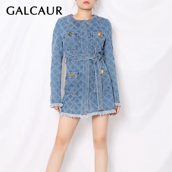 

GALCAUR Patchwork Denim Dress For Women O Neck Long Sleeve High Waist Lace Up Tassel Designer Blue Dresses Female 2020 Clothing