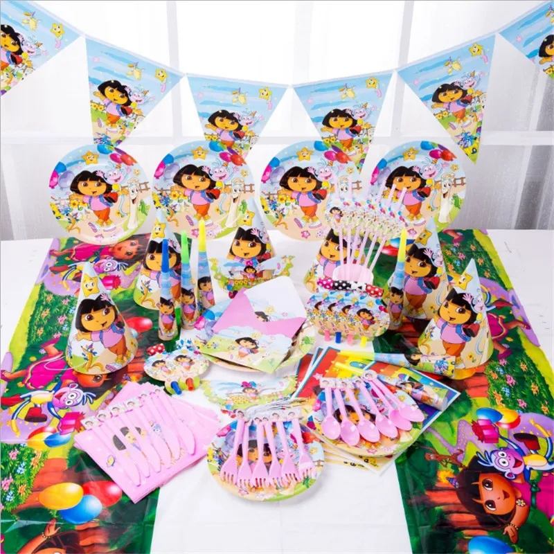 

107pcs Dora the Explorer Theme Kids Birthday Party Supplies Disposable Tableware Paper Cup Plates Napkins Tablecloth Baby Shower
