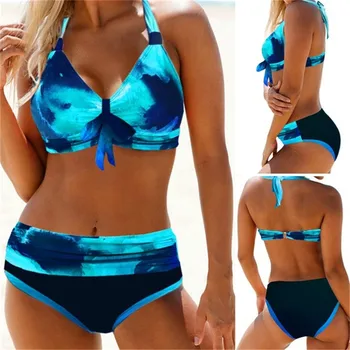

Women Sexy Backless Bikinis Set with Bowknot Gradient Halter Neck Back Tie Two-piece Low-cut Swimsuit Female Summer Beachwear