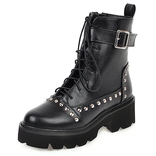 black shoes Gdgydh/пикантные ботинки в стиле милитари с заклепками; женские ботильоны из черной кожи на шнуровке; полусапожки в готическом стиле на среднем каблуке; сезон осень; высокое качество - Цвет: black shoes