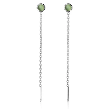 

Women Tassel Long Drop Earrings 925 Sterling Silver Jewelry Simple Green Cat Eye Stone Statement Earring for Girl long Ear Line
