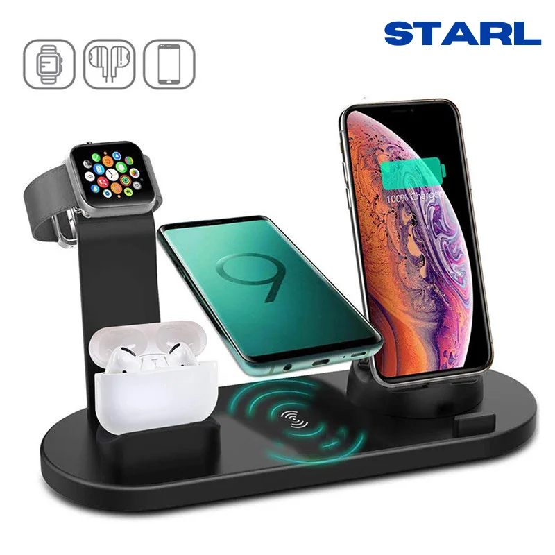 

Four in One Smart Fast Wireless Charger Stand For iPhone Holder Airpods Apple Watch Air Pod Stands Desk Setup Dock Decor Office