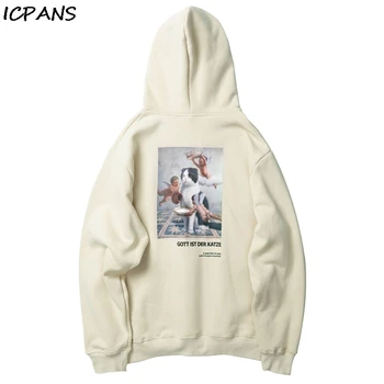 

ICPANS Winter Fleece Print Hoodies Mens Cotton Sweatshirts Funny Angels Cat Hip Hop Pullover Hooded Streetwear 2019 oversize