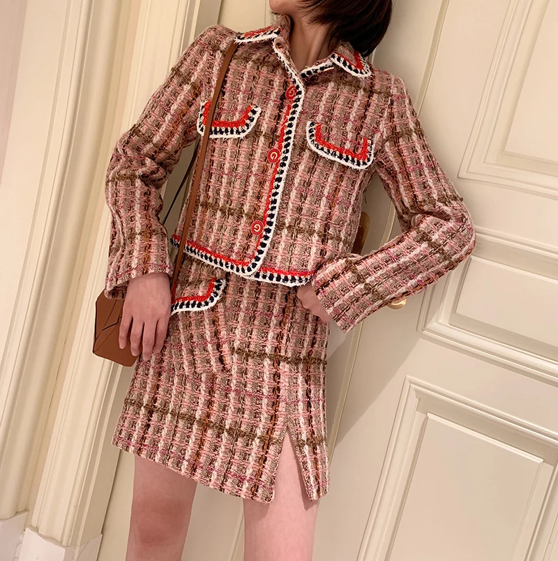 High Quality Tweed 2 Piece Set Fall Designer Pink Plaid Tweed Jacket Skirt Suit Single Breasted Wool Coat& One Step Skirt