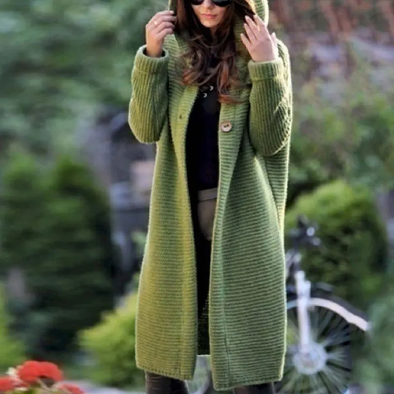 Кардиган однотонный теплый длинный свитер с капюшоном женский осенне-зимний свитер-накидка Повседневные вязаные свитера уличная одежда большого размера - Цвет: Зеленый