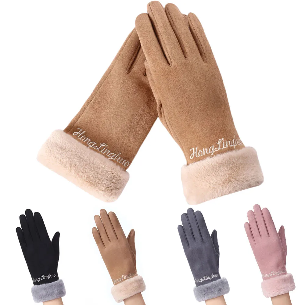 

4Colors Fashion Cute female Gloves Autumn Winter womens wrist gloves Cute Buckskin Gloves Windproof Warm Plus Velvet gloves