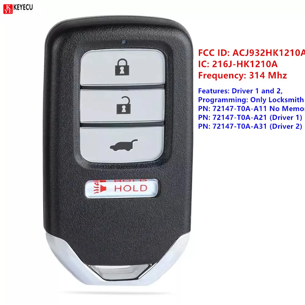 For Honda CR-V 2015 ACJ932HK1210A 72147-T0A-A11 72147-T7S-A01 Smart Remote Fob Car Key 313.8MHz ID47 Chip 4 Buttons