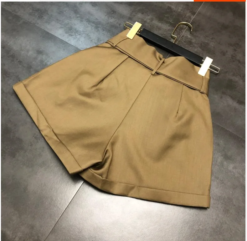 Fall New Button Design Belt High Waist Women Shorts Solid Color Female Wide Leg Shorts