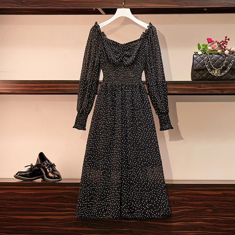 

XL-5XL Plus Size Women Vintage Print Chiffon Dress Autumn 2019 Sexy Square Collar Lantern Sleeve Elastic Waist Ladies Dresses