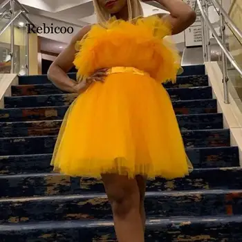 

Sexy Mesh Sashes Mini Dress Slash Neck Sleeveless Ruffle Double Cake Dress Strapless Solid Dinner Tulle Dress