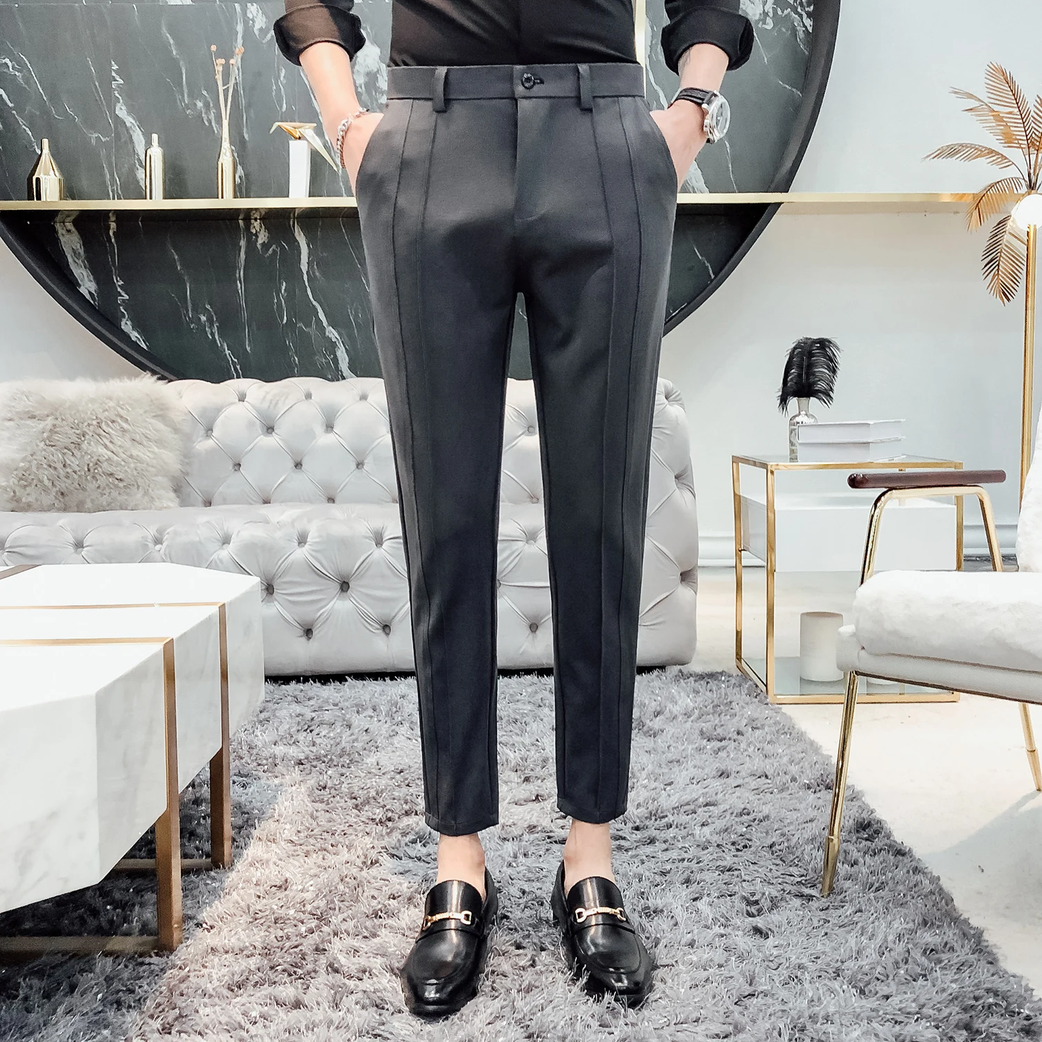 Dark grey Модный деловой стрейч костюм брюки мужские роскошные Брендовые повседневные брюки мужские прямые обтягивающий официальный брюки мужские плюс размер 36 черные - Цвет: Dark grey