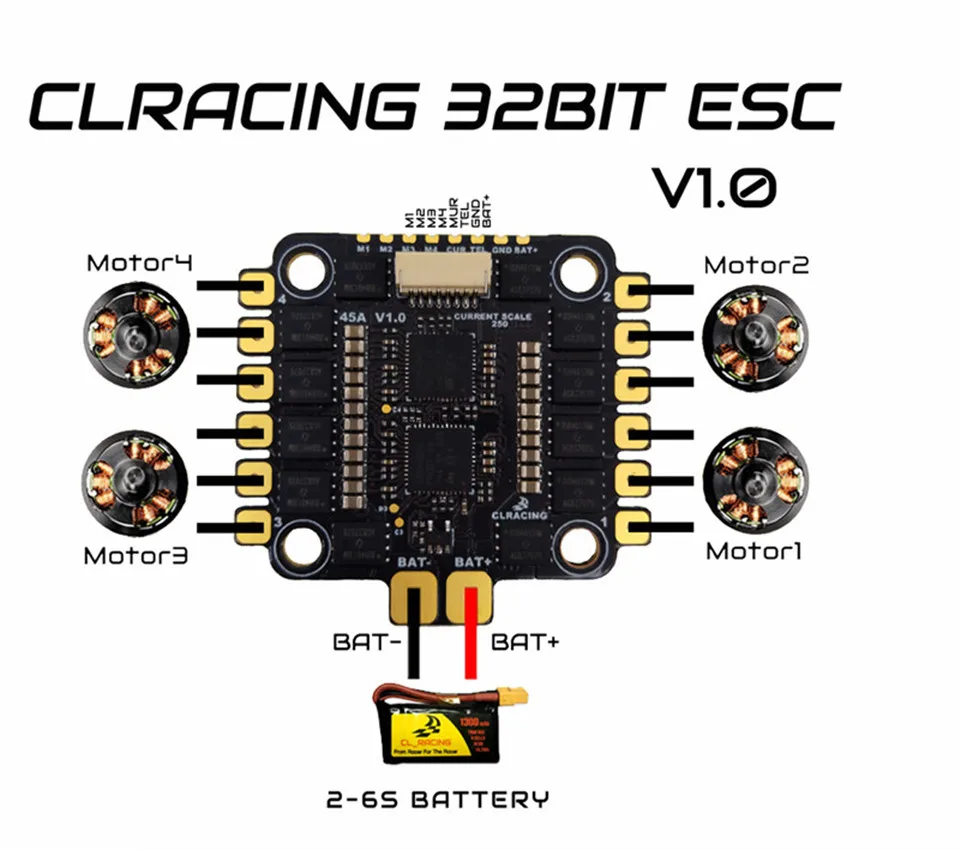 CLRACING 45A 4в1 ESC 2-6S Dshot 300/1200 Multishot Oneshot PWM BLHeli_32 поддержка JST1.0 8-контактный разъем или пайка подключения