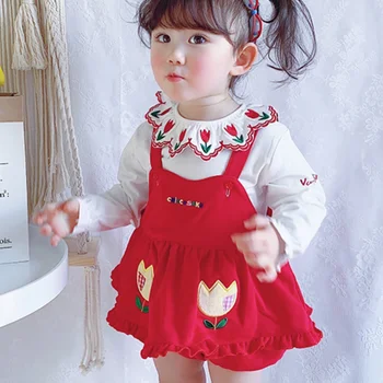 

spring autumn Baby Girl embroidered Dress Girl Kids Spanish vintage spaghetti strap two sets