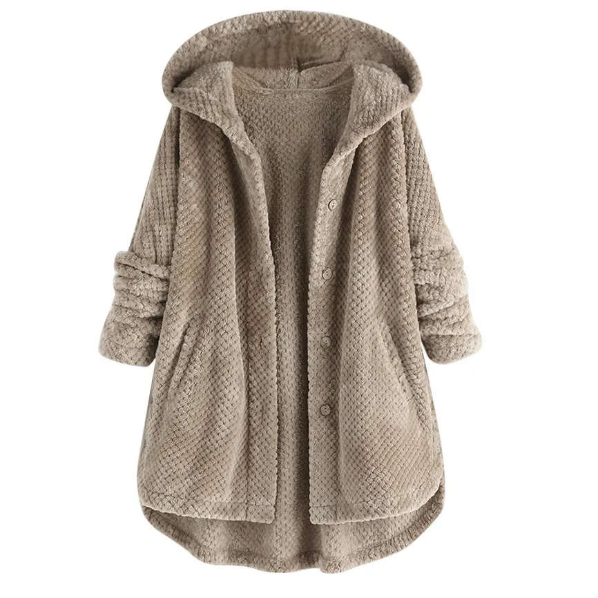 Gary Plus Size Fleece Hooded Parka Coat Women Casual Irregular Hem Long Sleeve Winter Warm Overcoat Female Button Jacket S-5XL - Цвет: Gary