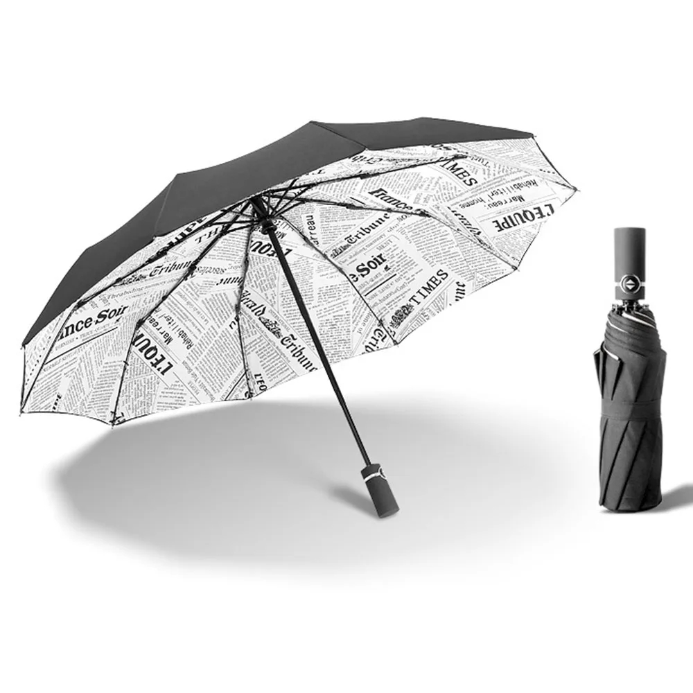 High Quality Fully-automatic Umbrella Men Rain Woman Double Layer 3 Folding Business Gift Umbrella Windproof Sun Umbrellas - Color: Newspaper