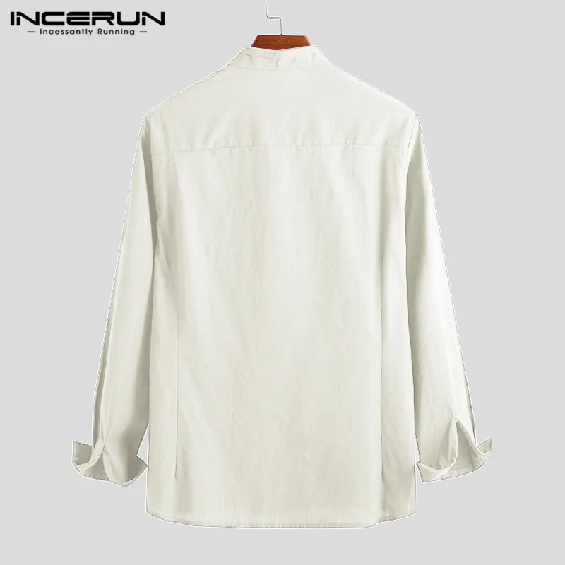 INCERUN мужская повседневная хлопковая рубашка в стиле ретро в китайском стиле, с воротником-стойкой, тонкая, однотонная, новая, модная, свободная, с надписью