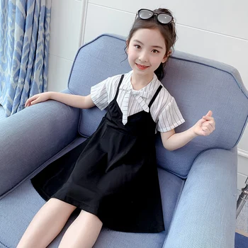 

Girls Dresses New Summer 4-13 years old Japanese and Korean style Vertical striped bow short sleeves kids dresses for girls