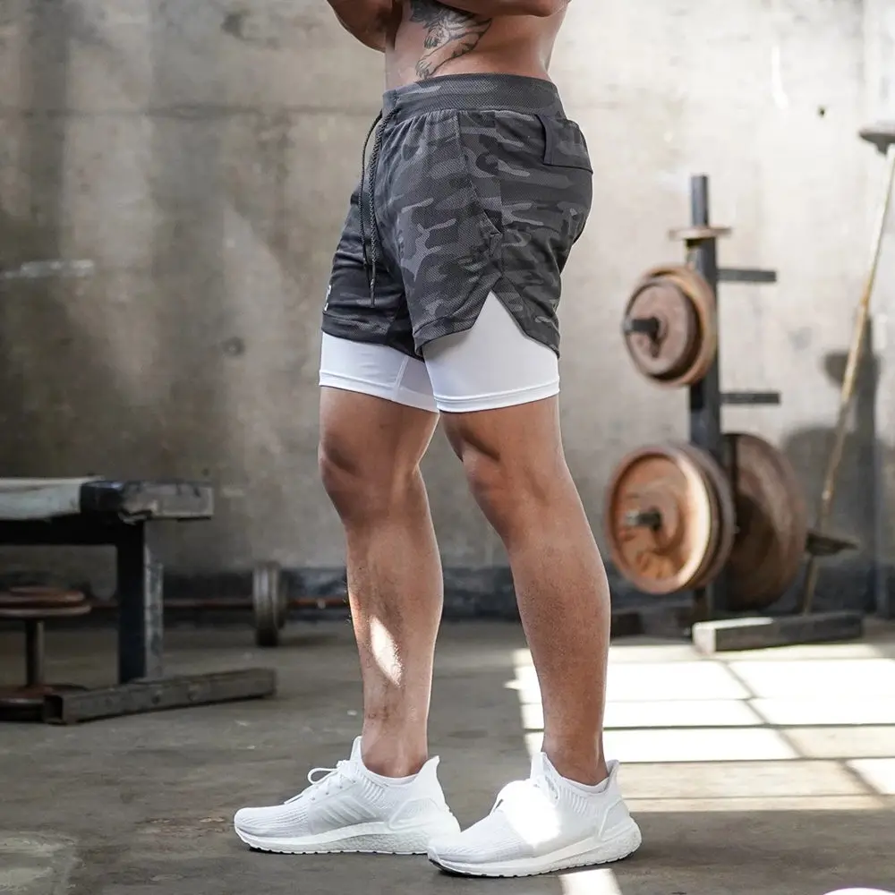 2 In 1 Camouflage Shorts Men Gym 